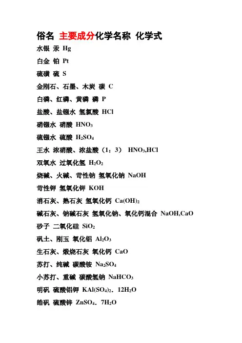 高一主要常见化学物质和及其俗名