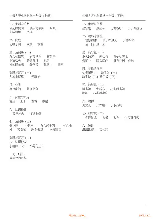 【数学】2021年最新最全北师大版小学数学教材目录--详细版【精华】