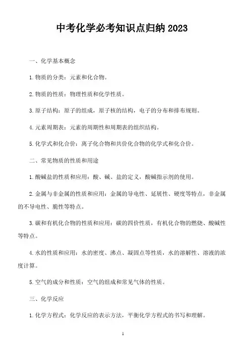中考化学必考知识点归纳2023