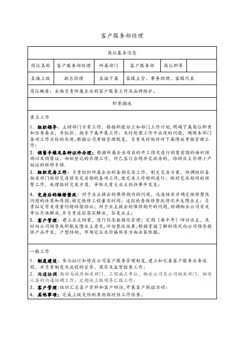 客户服务部岗位职能说明书