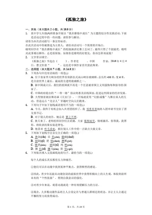 《孤独之旅》同步配套练习含答案