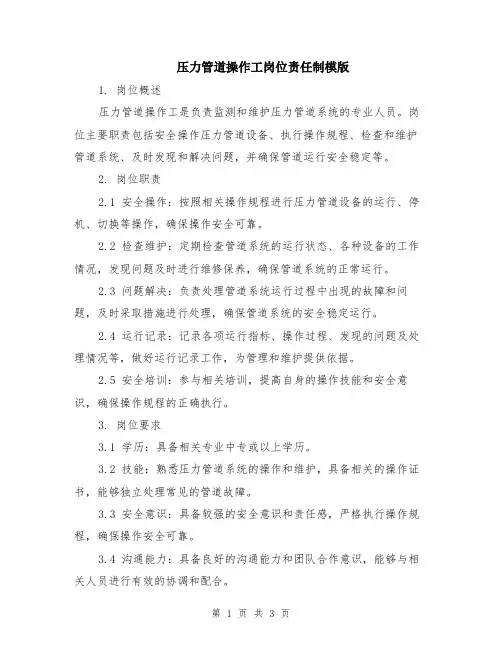 压力管道操作工岗位责任制模版