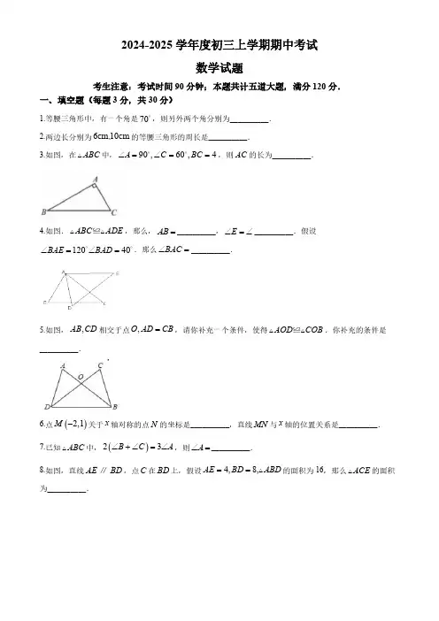 黑龙江省绥化市望奎县第五中学(五四学制)2024-2025学年九年级上学期期中数学试卷(含答案)