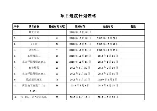 项目进度计划表格模板