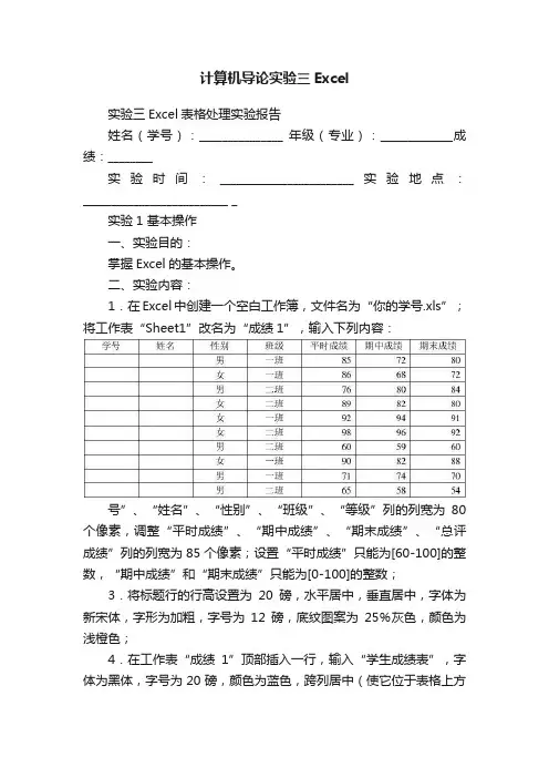 计算机导论实验三Excel