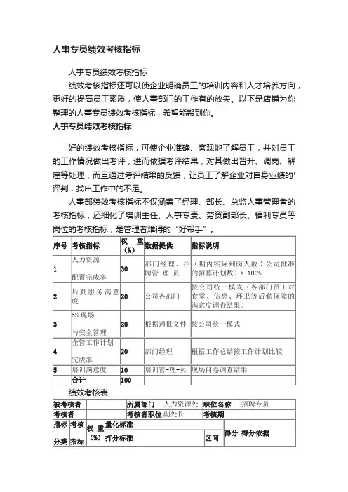 人事专员绩效考核指标