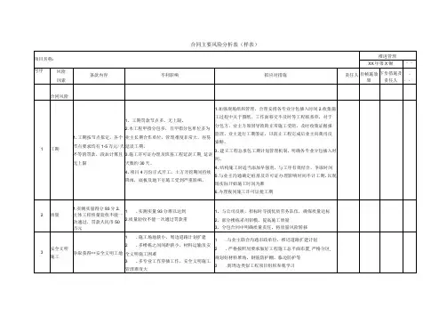 合同主要风险分析表 (样表)