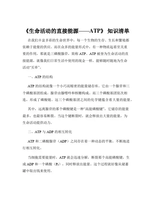 《生命活动的直接能源——ATP》 知识清单