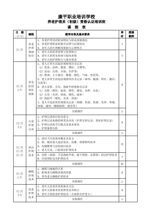 初级养老护理员课程表
