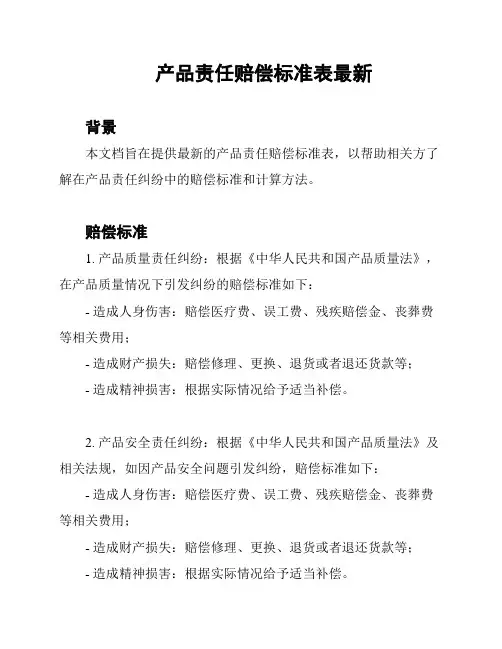 产品责任赔偿标准表最新