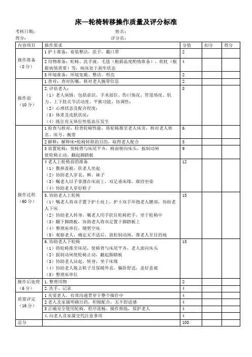 床—轮椅转移操作质量及评分标准
