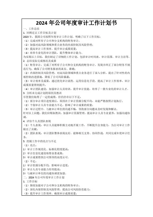 2024年公司年度审计工作计划书