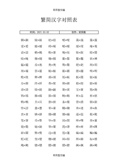 汉字简体繁体对照表大全之欧阳数创编