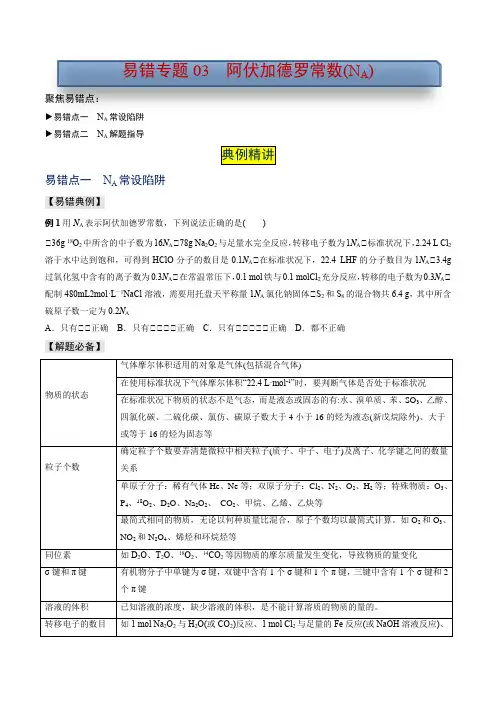 易错专题03 阿伏加德罗常数(NA)-2024年高考化学考前易错聚焦(原卷版)