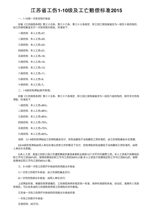 江苏省工伤1-10级及工亡赔偿标准2015