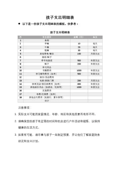 孩子支出明细表