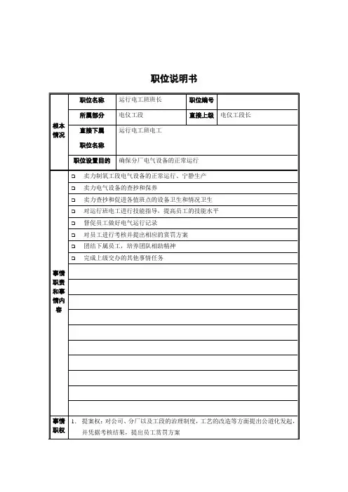 运行电工班班长职位说明书