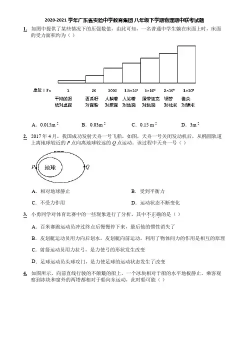2020-2021学年广东省实验中学教育集团 八年级下学期物理期中联考试题