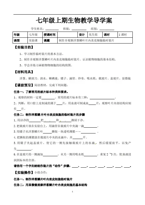 实验报告单：制作并观察洋葱鳞叶内表皮细胞 临时装片 - 副本
