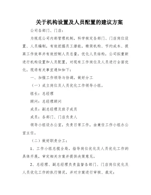 关于机构设置及人员配置的建议方案