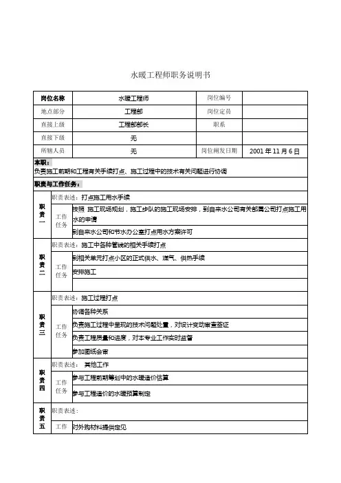 水暖工程师职务说明书