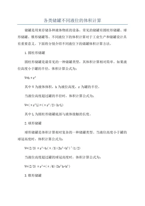 各类储罐不同液位的体积计算