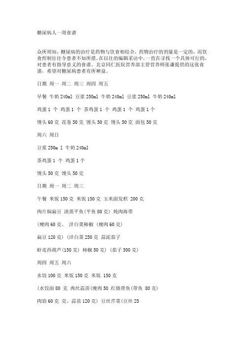 糖尿病人一周食谱