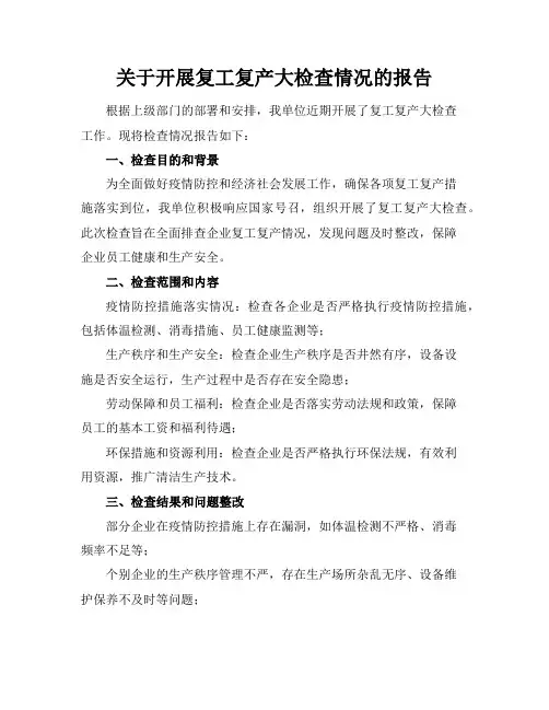 关于开展复工复产大检查情况的报告