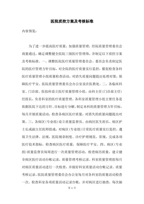 医院质控方案及考核标准