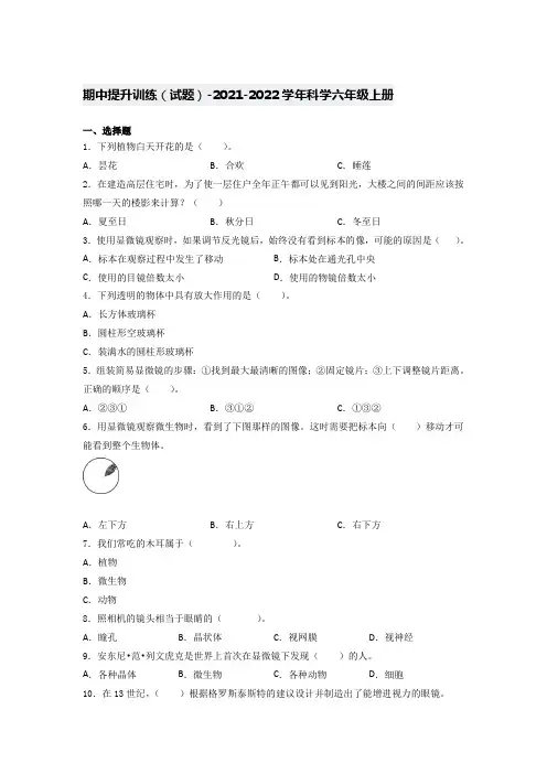 教科版(2017秋)2021-2022学年科学六年级上册期中提升训练试题及答案