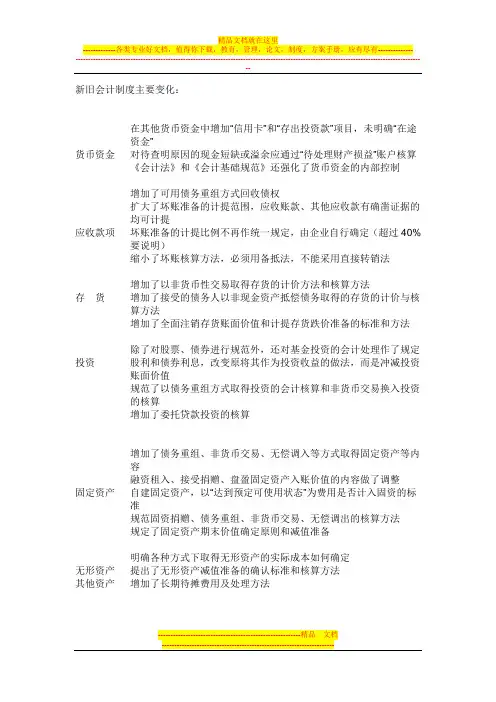 新旧会计制度主要变化