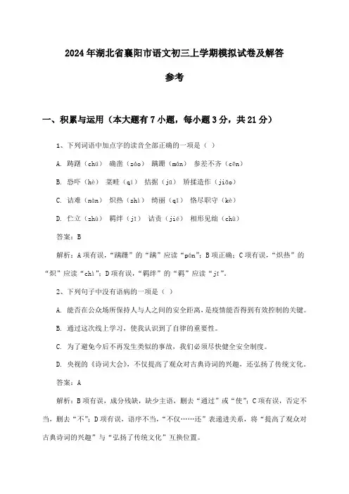 湖北省襄阳市语文初三上学期试卷及解答参考(2024年)