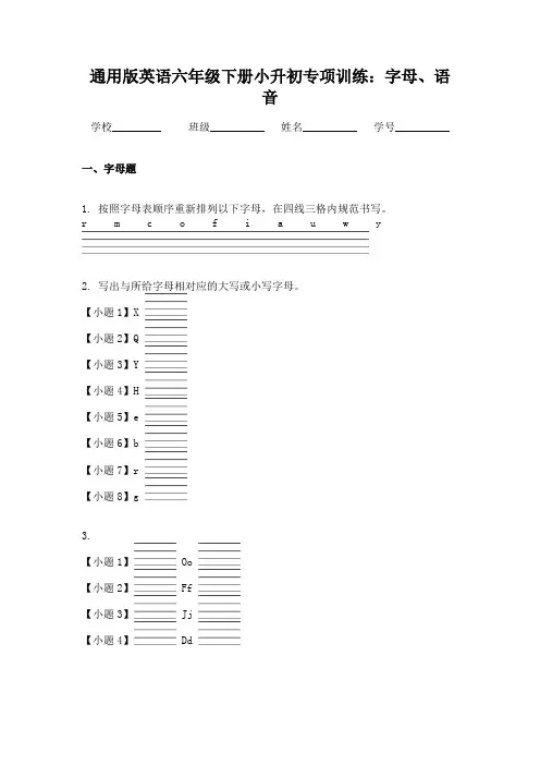 通用版英语六年级下册小升初专项训练：字母、语音