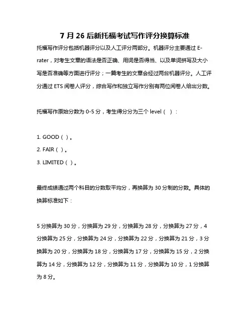 7月26后新托福考试写作评分换算标准