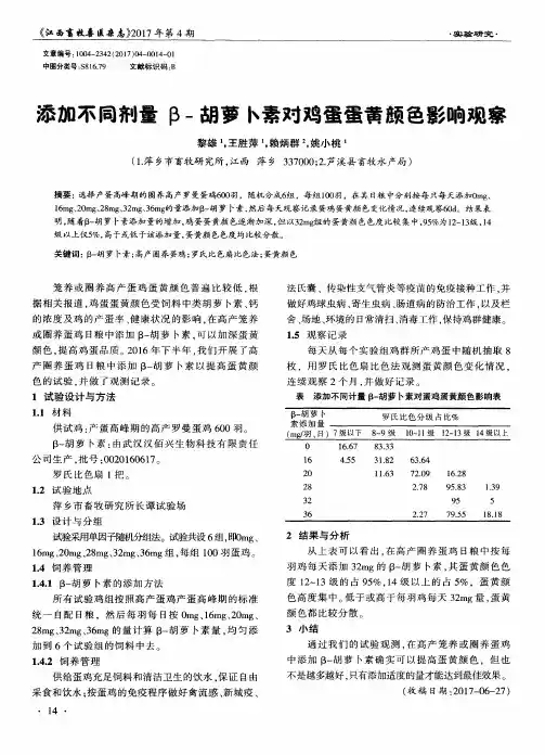 添加不同剂量β-胡萝卜素对鸡蛋蛋黄颜色影响观察