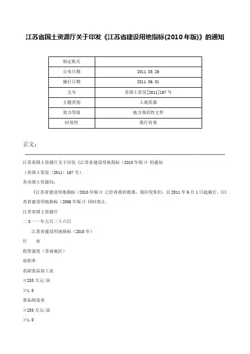 江苏省国土资源厅关于印发《江苏省建设用地指标(2010年版)》的通知-苏国土资发[2011]167号