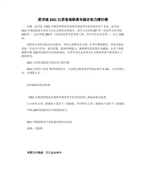 武书连2021江苏省高职高专综合实力排行榜