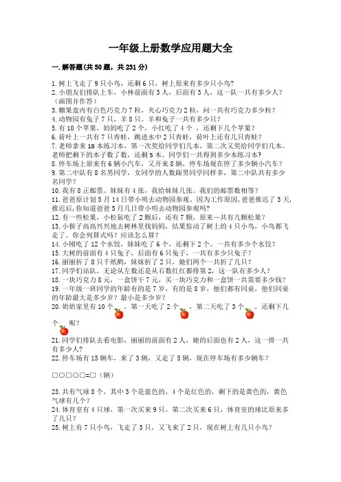 一年级上册数学应用题大全(易错题)