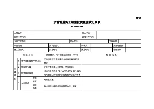 顶管管道施工检验批质量验收记录表