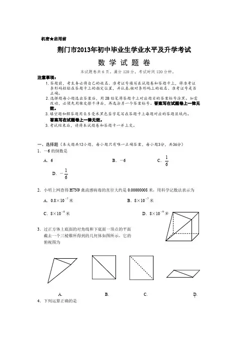 湖北省荆门市2013年中考数学试题及答案(word版)