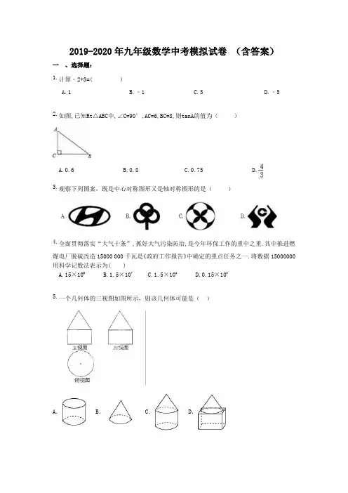 2019-2020年九年级数学中考模拟试卷 (含答案)