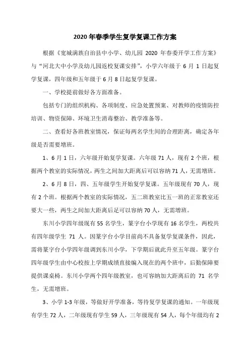 2020年春季学生复学复课工作方案