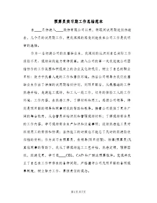 预算员实习期工作总结范本（3篇）
