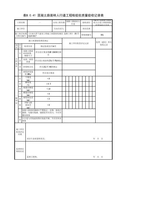 表B.0.41混凝土路面砖人行道工程检验批质量验收记录表