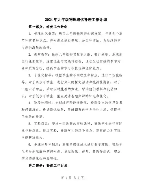 2024年九年级物理培优补差工作计划