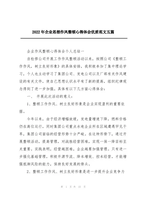 2022年企业思想作风整顿心得体会优质范文五篇