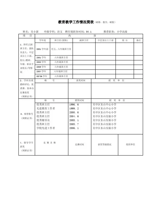 教育教学工作情况简表（破格