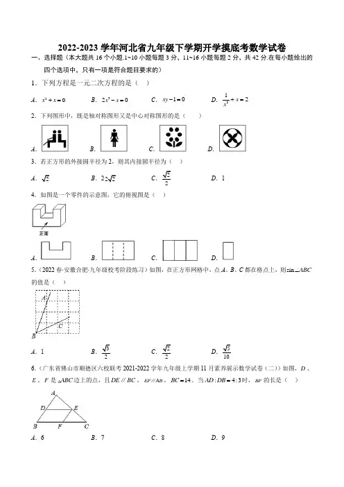 2022-2023学年河北省九年级下学期开学考数学试卷含答案解析