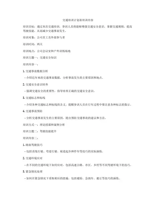 交通培训计划表培训内容