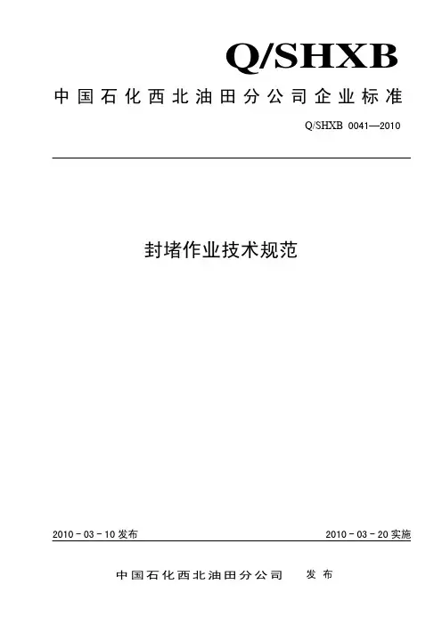 Q-SHXB 0041-2010 封堵作业技术规范
